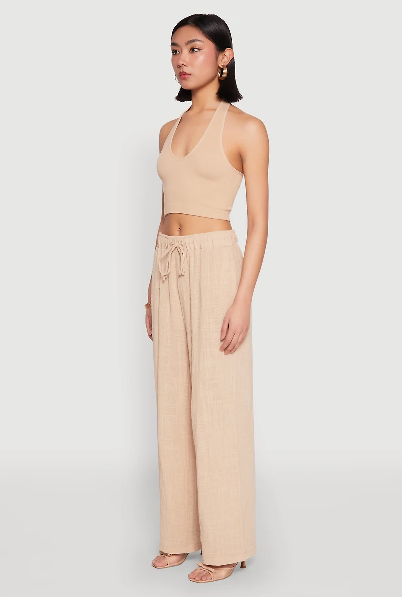 Womens Gauze Knit Wide Leg Pants, Khaki, Size S