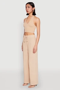 Womens Gauze Knit Wide Leg Pants, Khaki, Size S