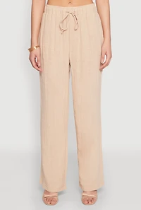 Womens Gauze Knit Wide Leg Pants, Khaki, Size L