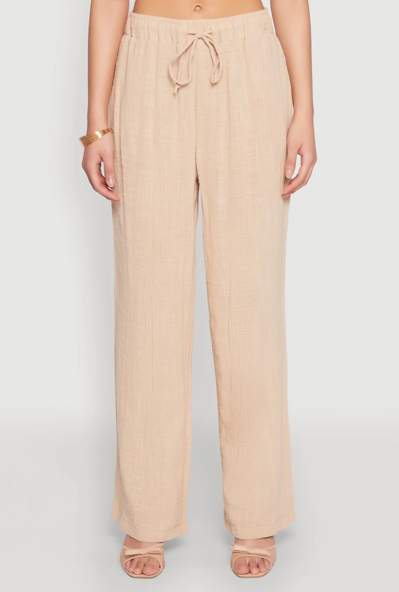 Womens Gauze Knit Wide Leg Pants, Khaki, Size S