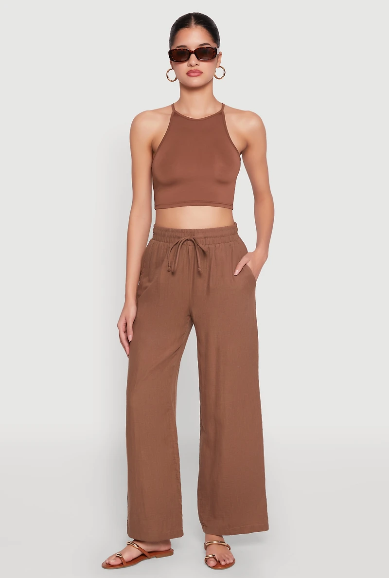 Womens Gauze Knit Drawstring Wide Leg Pants, Brown,