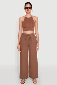 Womens Gauze Knit Drawstring Wide Leg Pants, Brown,