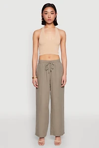 Womens Gauze Knit Drawstring Wide Leg Pants, Green, Size M