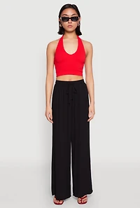 Womens Gauze Knit High Waisted Wide Leg Pants, L