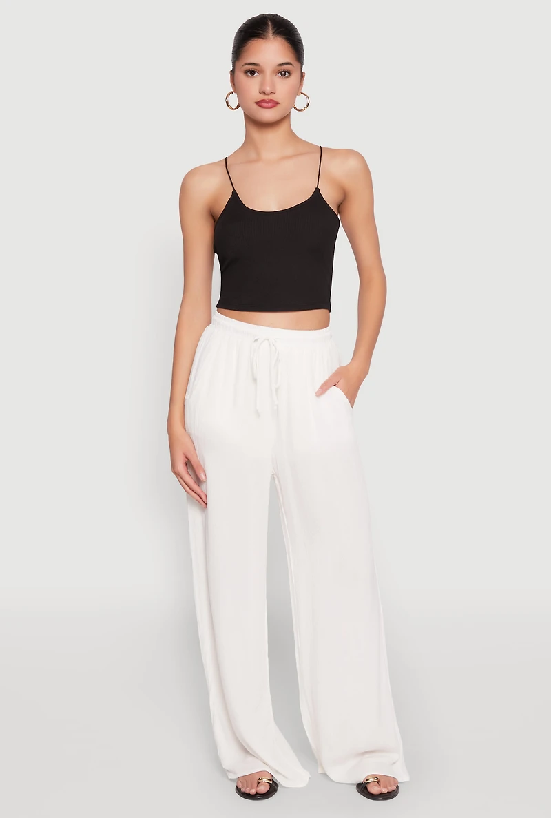 Womens Gauze Knit High Waisted Wide Leg Pants, White, Size M