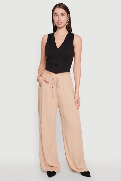 Womens Gauze Knit High Waisted Wide Leg Pants, Khaki, Size L