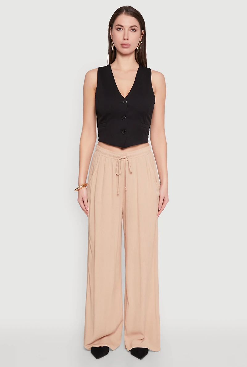 Womens Gauze Knit High Waisted Wide Leg Pants, Khaki, Size L