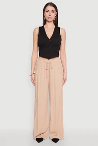 Womens Gauze Knit High Waisted Wide Leg Pants, Khaki, Size L