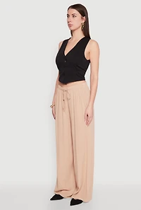 Womens Gauze Knit High Waisted Wide Leg Pants, Khaki, Size L