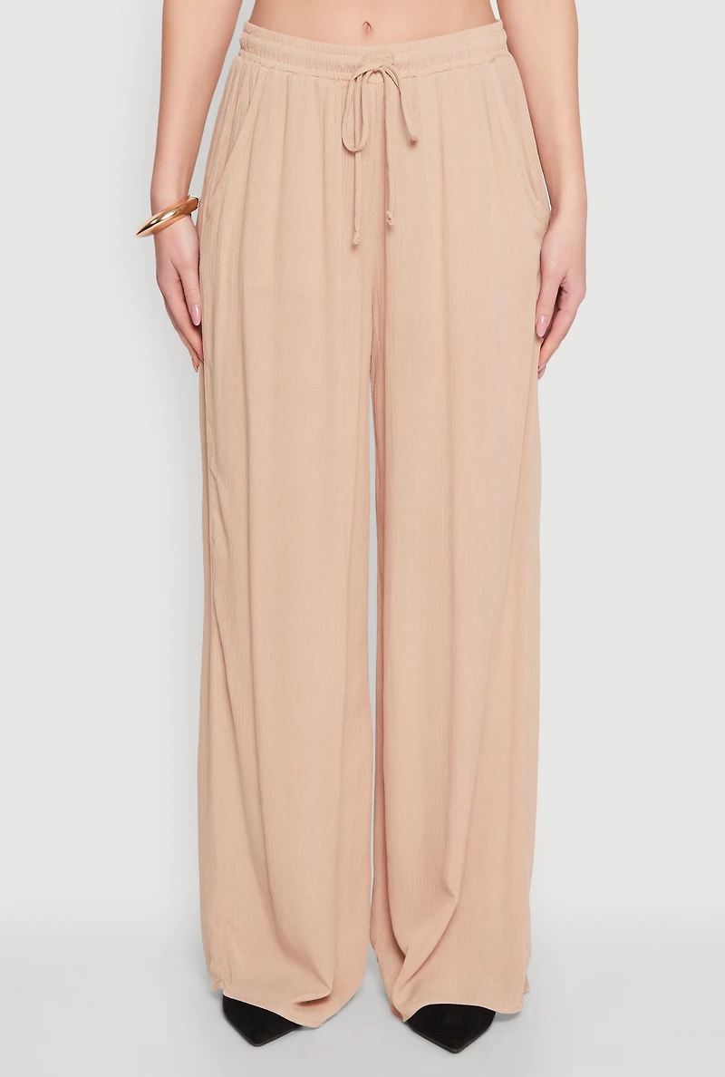Womens Gauze Knit High Waisted Wide Leg Pants, Khaki, Size L