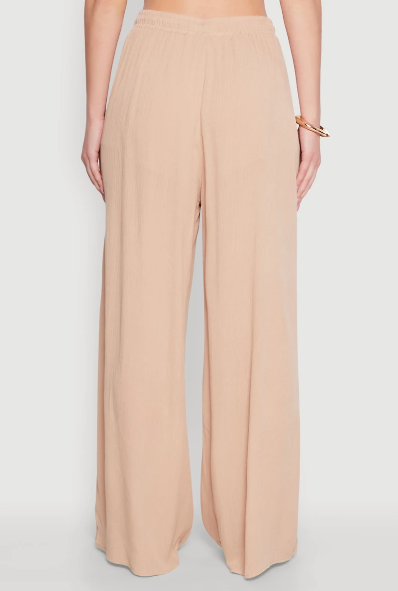 Womens Gauze Knit High Waisted Wide Leg Pants, Khaki, Size L