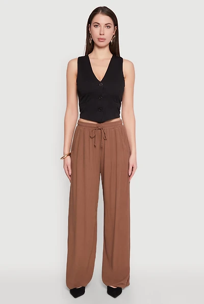 Womens Gauze Knit High Waisted Wide Leg Pants, Brown, Size L