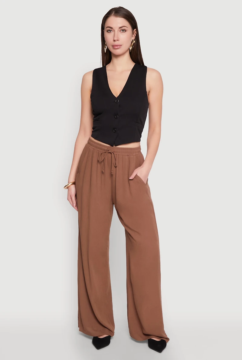 Womens Gauze Knit High Waisted Wide Leg Pants, Brown, Size L
