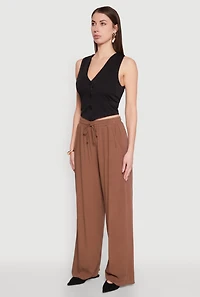 Womens Gauze Knit High Waisted Wide Leg Pants, Brown, Size L