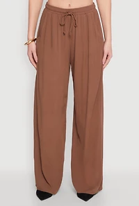 Womens Gauze Knit High Waisted Wide Leg Pants, Brown, Size L