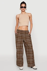 Womens Plaid Brushed Knit Wide Leg Dress Pants, S