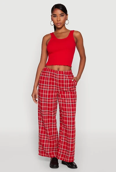 Womens Plaid Brushed Knit Wide Leg Dress Pants, Red, Size S