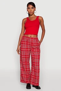 Womens Plaid Brushed Knit Wide Leg Dress Pants, Red, Size S
