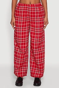Womens Plaid Brushed Knit Wide Leg Dress Pants, Red, Size S