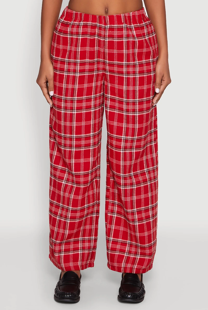 Womens Plaid Brushed Knit Wide Leg Dress Pants, Red,