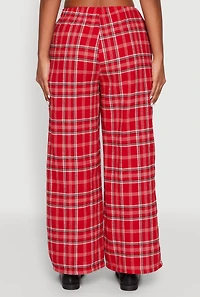 Womens Plaid Brushed Knit Wide Leg Dress Pants, Red,