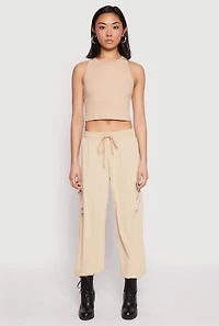 Womens Drawstring High Waisted Cargo Joggers, Khaki, Size L