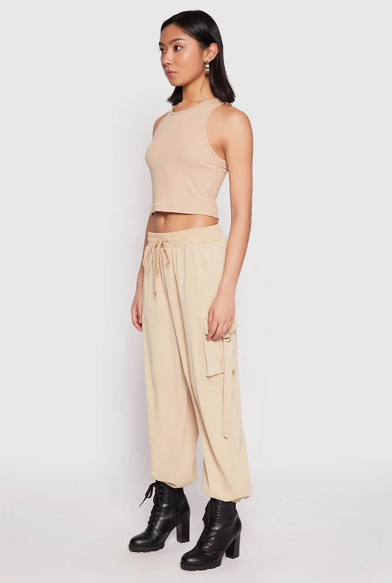 Womens Drawstring High Waisted Cargo Joggers, Khaki, Size M