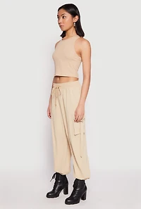 Womens Drawstring High Waisted Cargo Joggers, Khaki, Size L