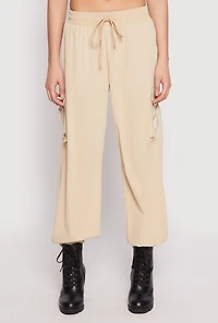 Womens Drawstring High Waisted Cargo Joggers, Khaki, Size L