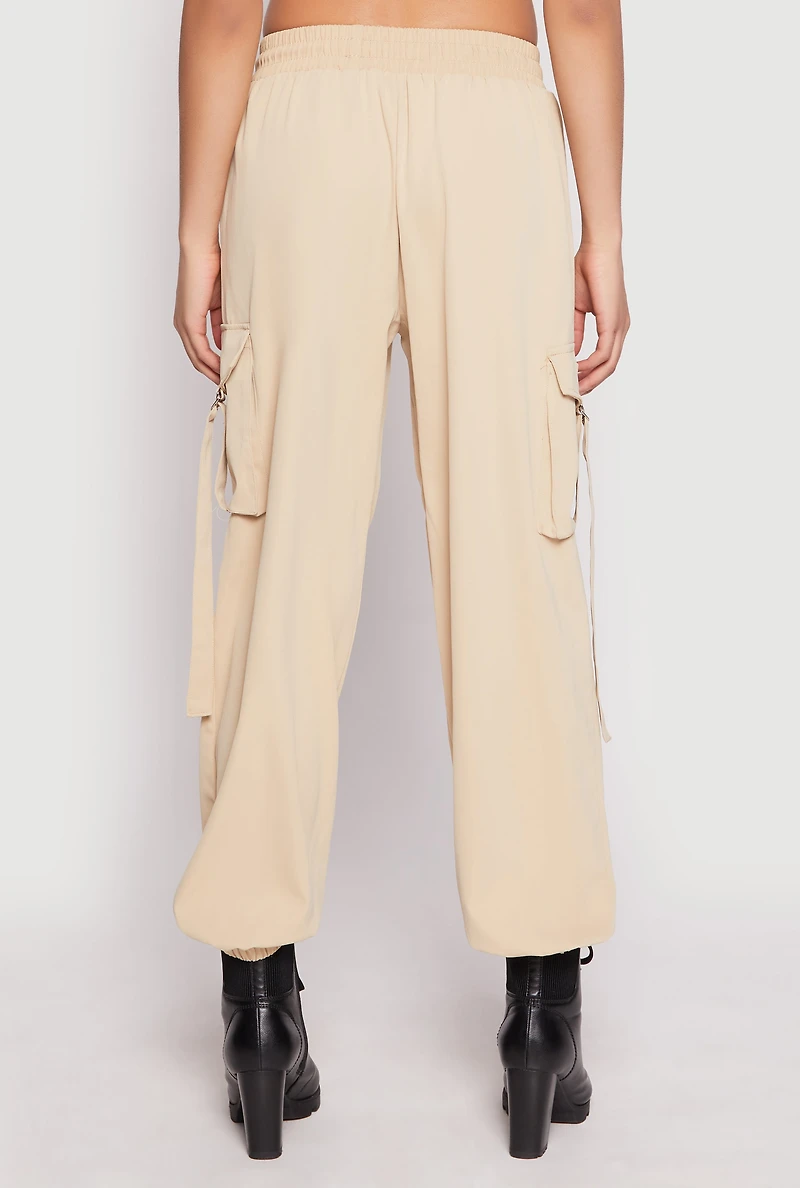Womens Drawstring High Waisted Cargo Joggers, Khaki, Size M