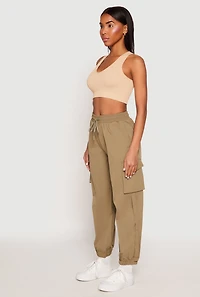 Womens Drawstring High Waisted Cargo Joggers, Green,