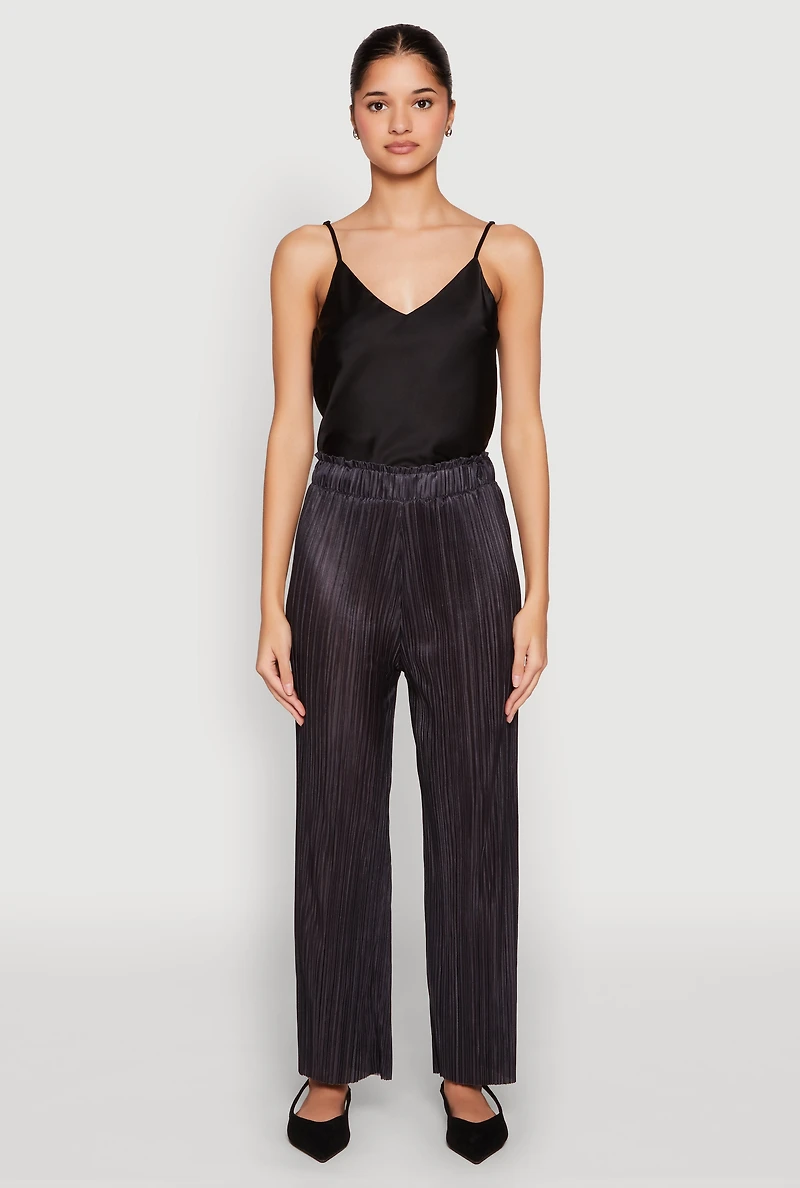 Womens Plisse High Waist Pants, Black, Size XL