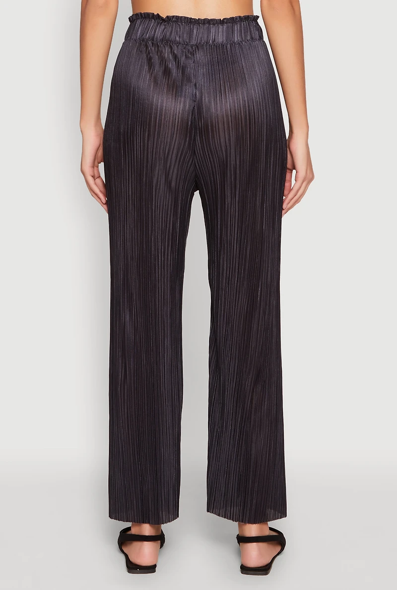 Womens Plisse High Waist Pants, Black, Size L