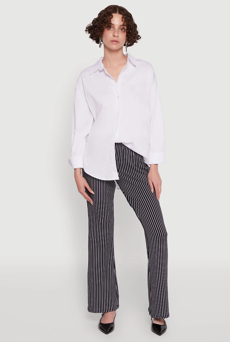Womens Stylish High Waisted Pinstripe Flared Pants, Black, Size L