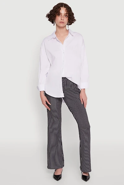 Womens Stylish High Waisted Pinstripe Flared Pants, Black, Size L