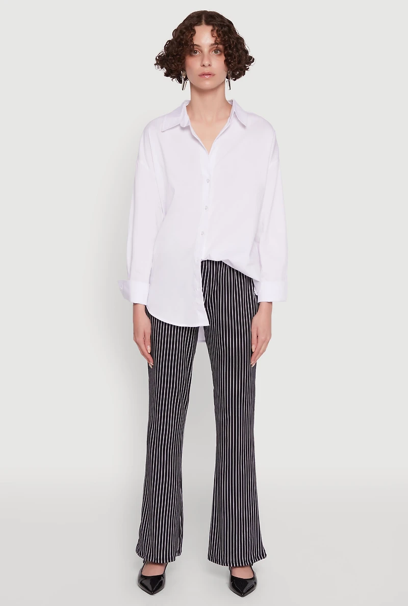 Womens Stylish High Waisted Pinstripe Flared Pants, Black, Size L