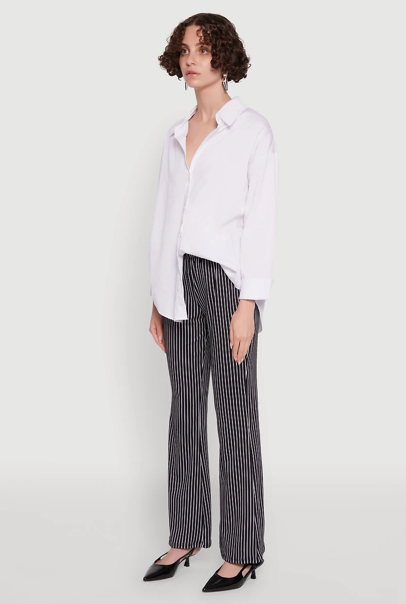 Womens Stylish High Waisted Pinstripe Flared Pants, Black, Size L