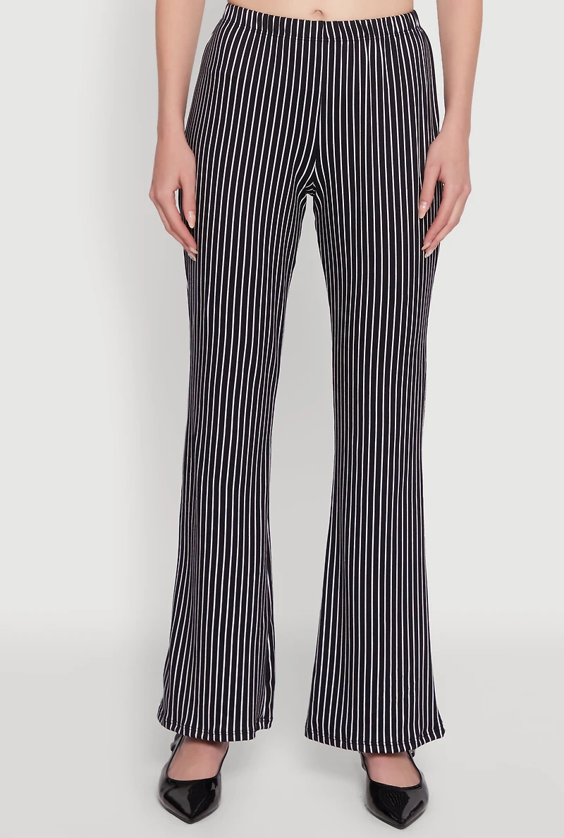 Womens Stylish High Waisted Pinstripe Flared Pants, Black, Size L