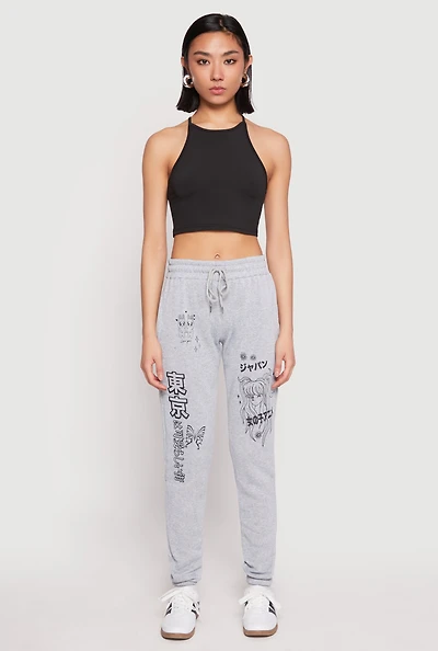 Womens Anime Graphic Print Sweatpants, Grey, Size S