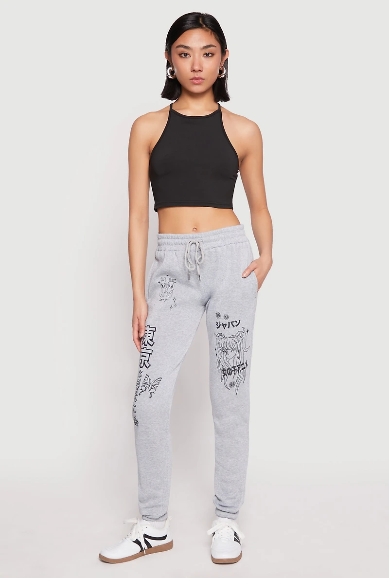 Womens Anime Graphic Print Sweatpants, Grey, Size S