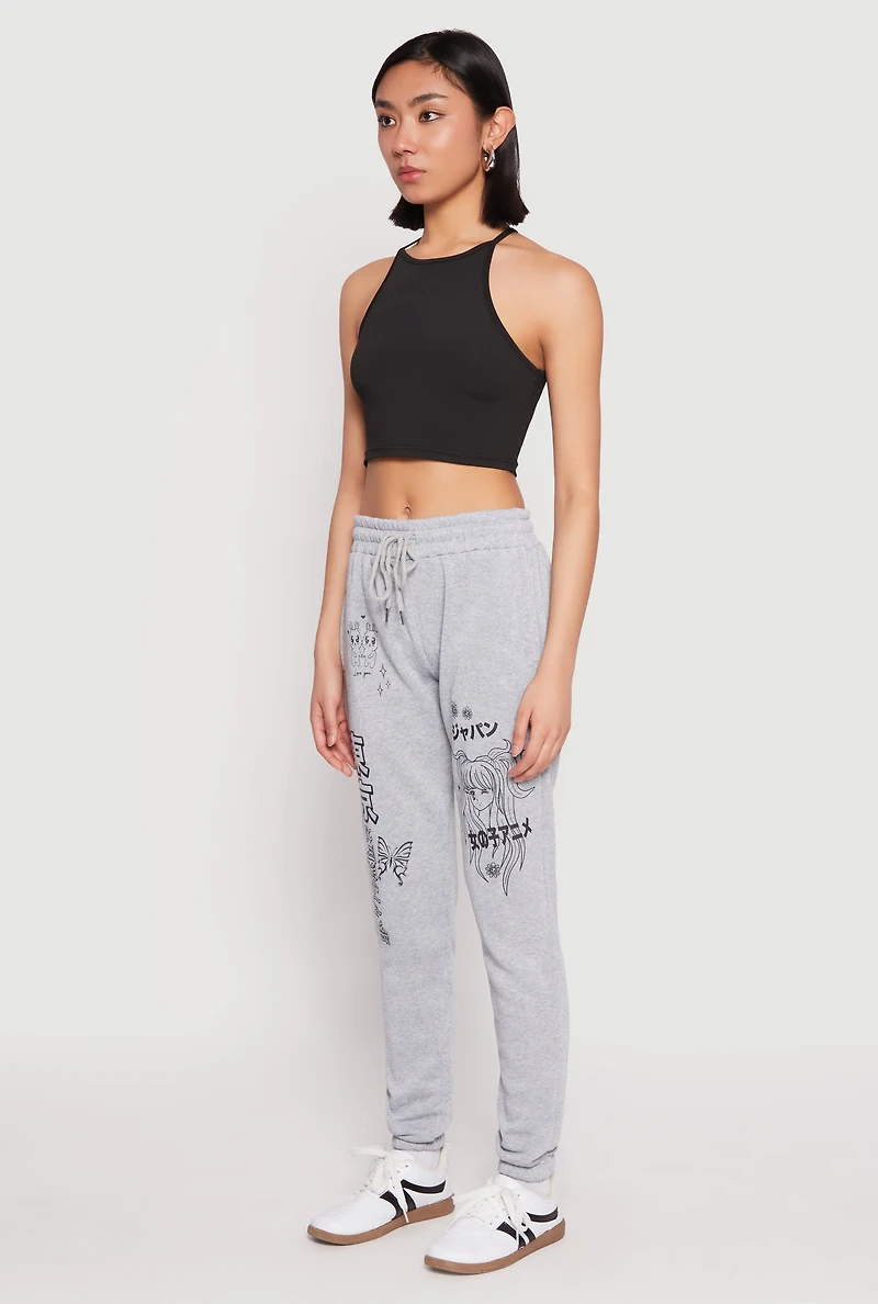 Womens Anime Graphic Print Sweatpants, Grey, Size S