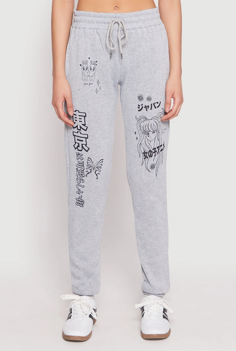 Womens Anime Graphic Print Sweatpants, Grey, Size S