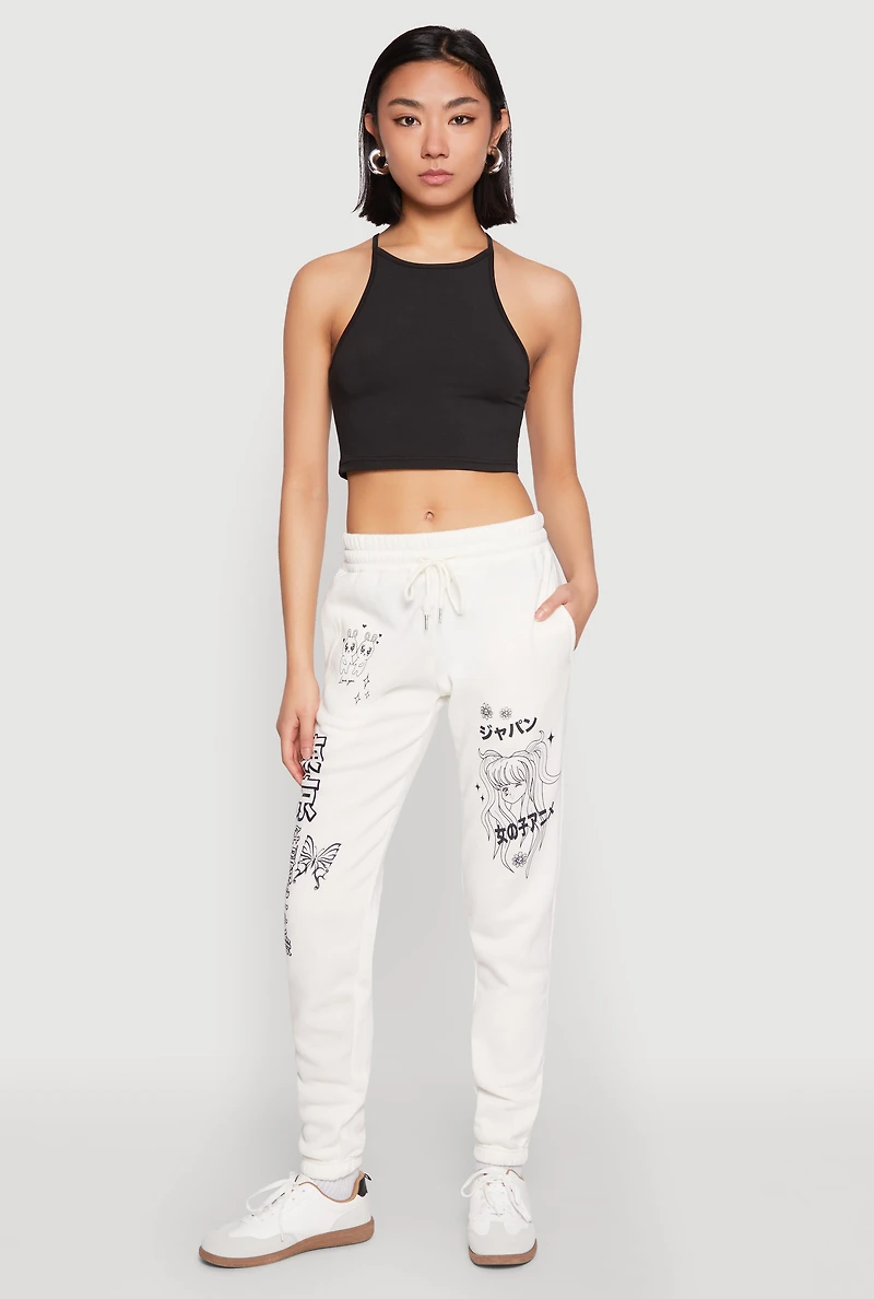 Womens Anime Graphic Print Sweatpants, White, Size S
