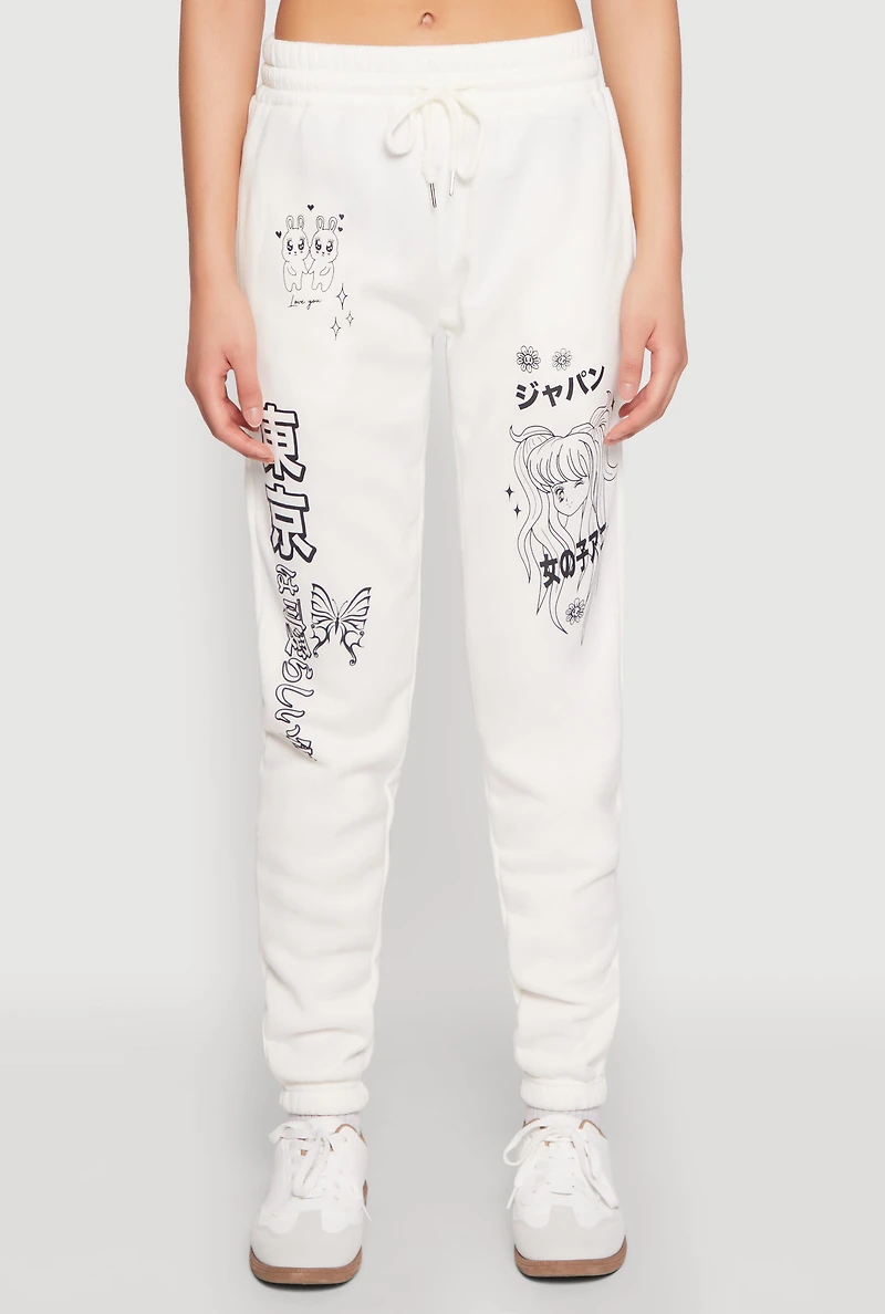 Womens Anime Graphic Print Sweatpants, White, Size S