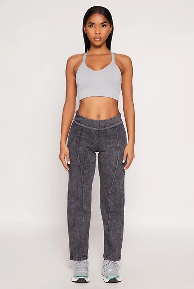 Womens Fleece Acid Wash Pintuck Sweatpants, Black, Size L