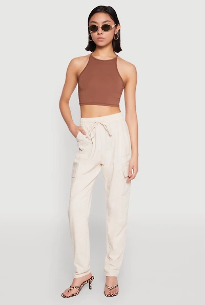 Womens Linen Cargo Pants, White, Size L