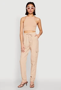 Womens Linen Cargo Pants, Khaki,