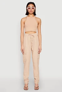 Womens Linen Cargo Pants, Khaki,