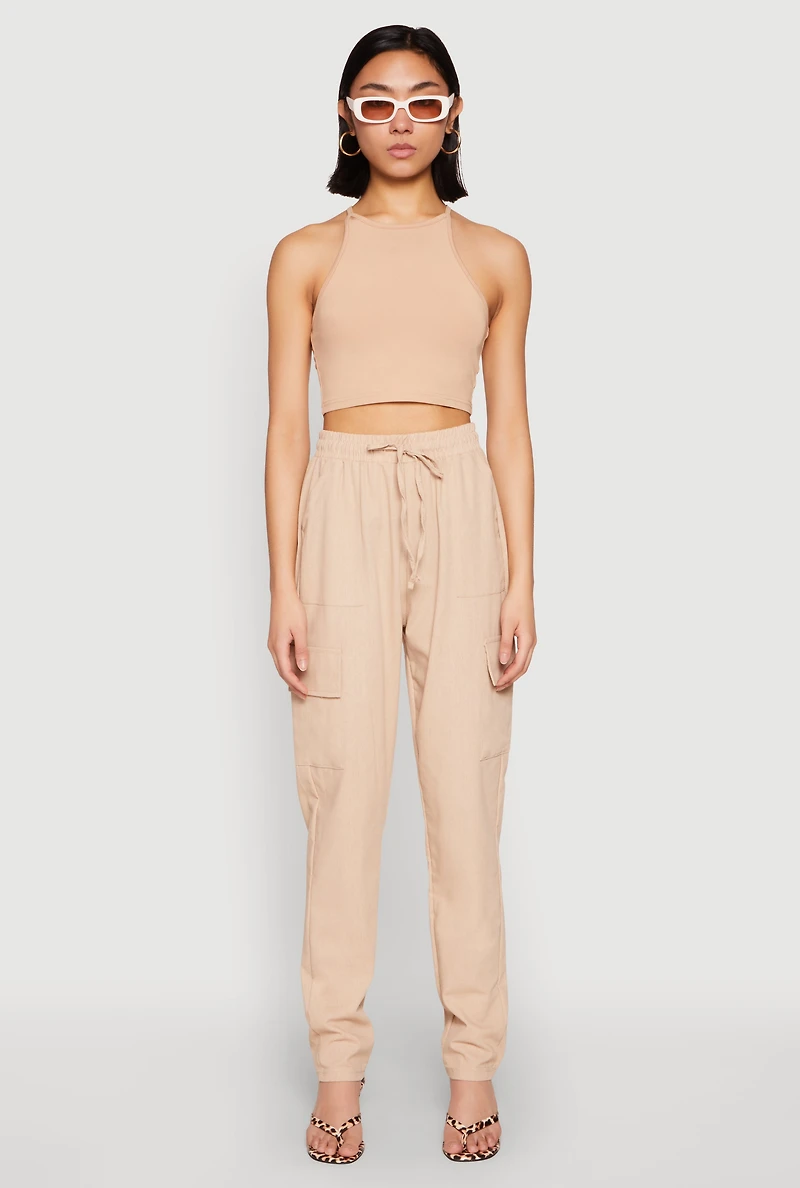Womens Linen Cargo Pants, Khaki, Size M