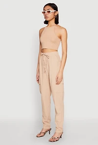 Womens Linen Cargo Pants, Khaki,